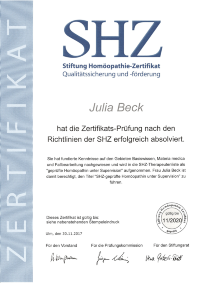 Julia Beck geprüfte Therapeutin der Stiftung Homöopathie-Zertifikat (SHZ)